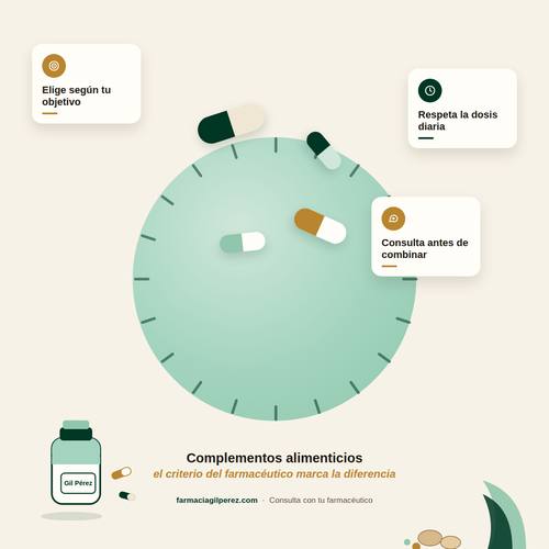 Ilustración sobre complementos alimenticios: cápsulas y consejos del farmacéutico - Farmacia Gil Pérez