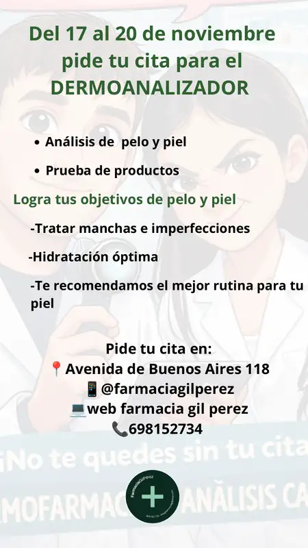 Cartel del Dermoanalizador en Farmacia Gil Pérez: del 17 al 20 de noviembre, análisis de pelo y piel y prueba de productos. Avenida de Buenos Aires 118, Ourense